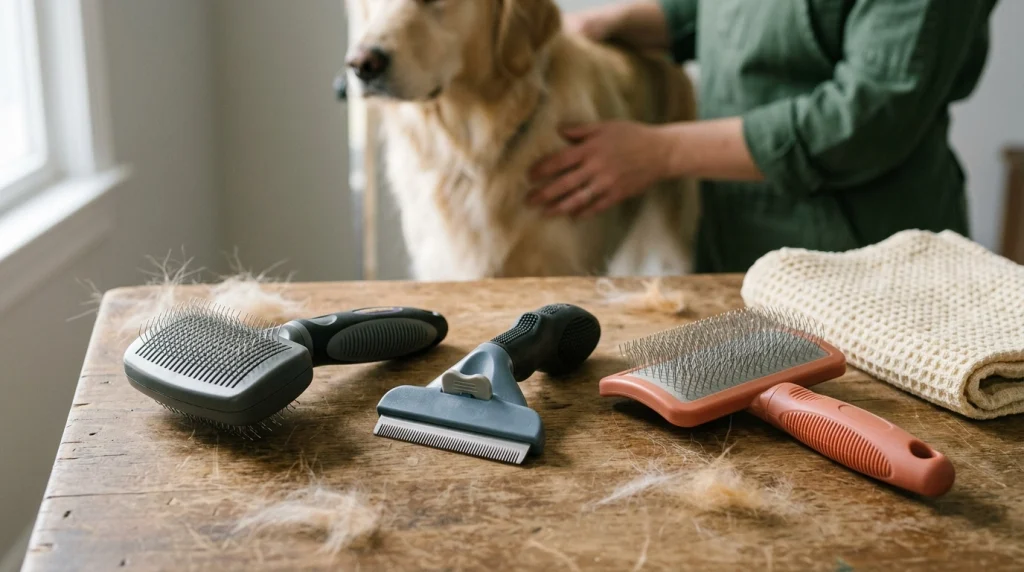 Three dog grooming brush styles compared for long coats, curly coats, and undercoat care.