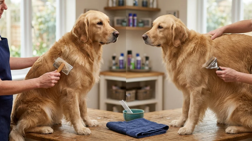 Dog Brush vs De-Shedding Tool used for surface hair and loose undercoat on a dog