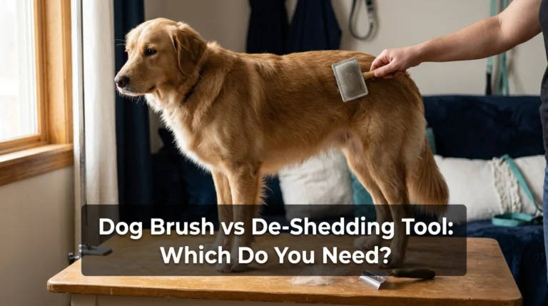 Dog Brush vs De-Shedding Tool shown beside a double-coated dog during home grooming