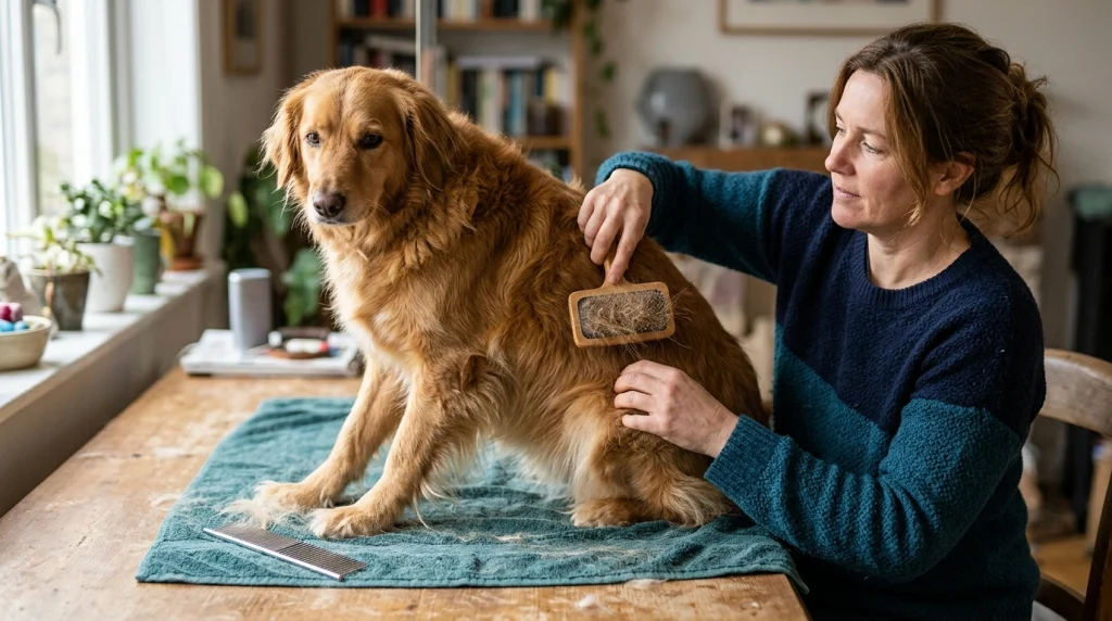  Owner brushes a dog's coat while a metal comb waits for precise tangle checking