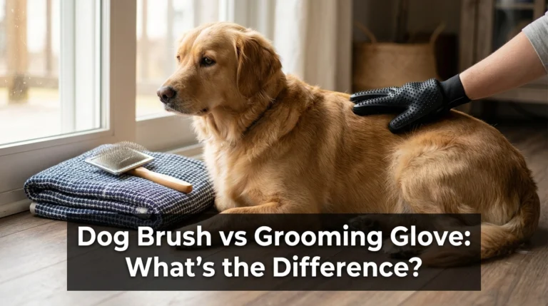 Dog brush vs grooming glove shown beside a dog during home grooming