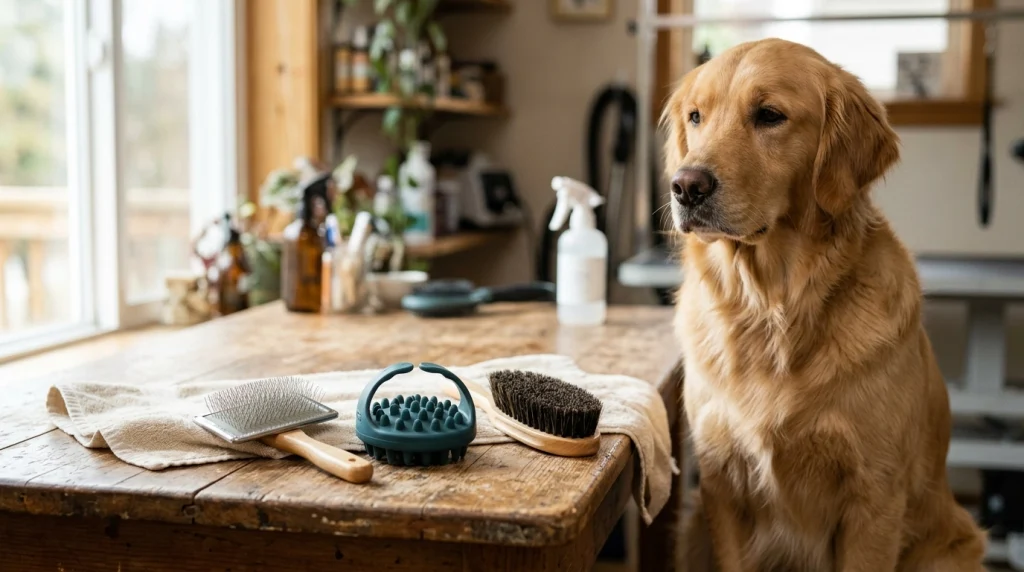 Soft bristle, rubber massage, and slicker brushes beside a soft-coated dog