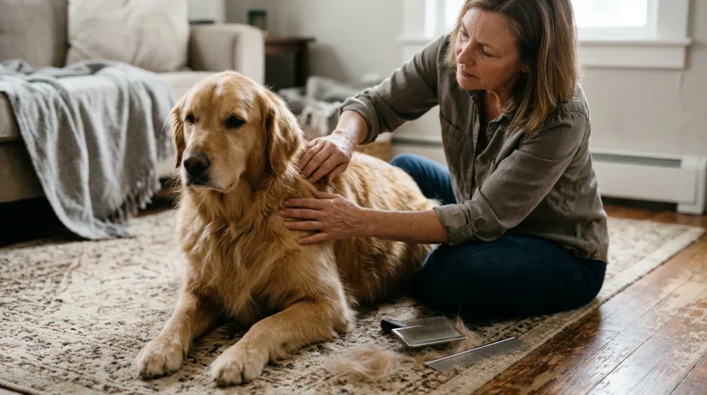 Owner carefully brushing a dog's coat with suitable tools and gentle technique