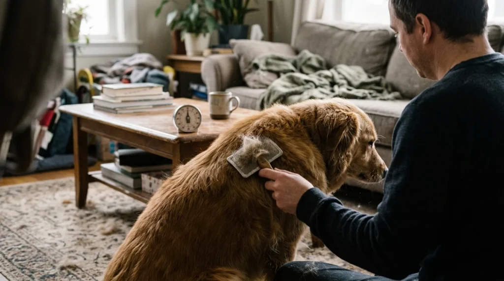 Owner brushing a dense-coated dog during a calm grooming session