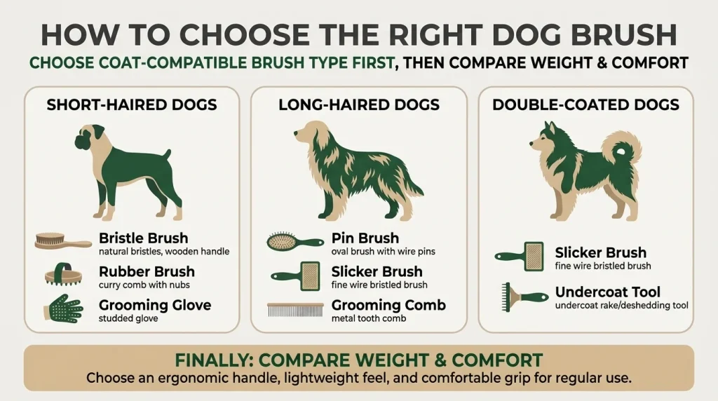 Infographic showing dog coat types and suitable grooming brush categories
