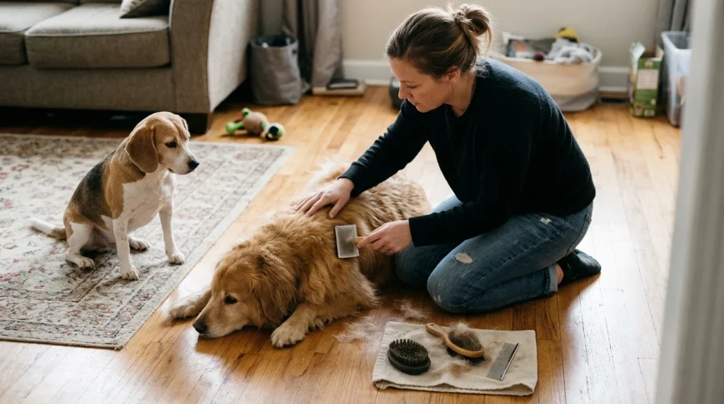 Dog owner grooming short-haired and long-haired dogs with different brushes