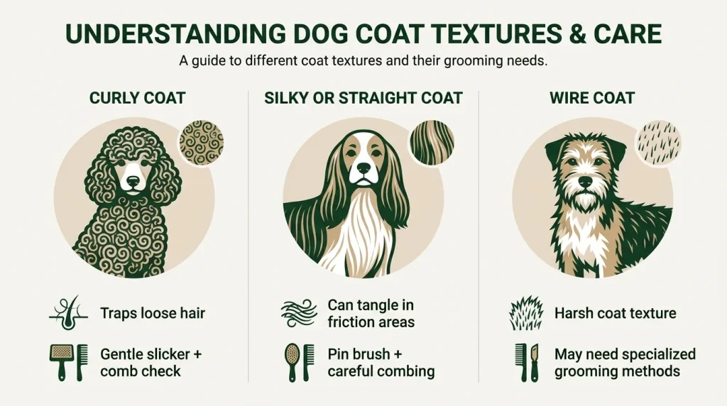 Infographic comparing curly, silky, straight, and wire dog coat grooming needs