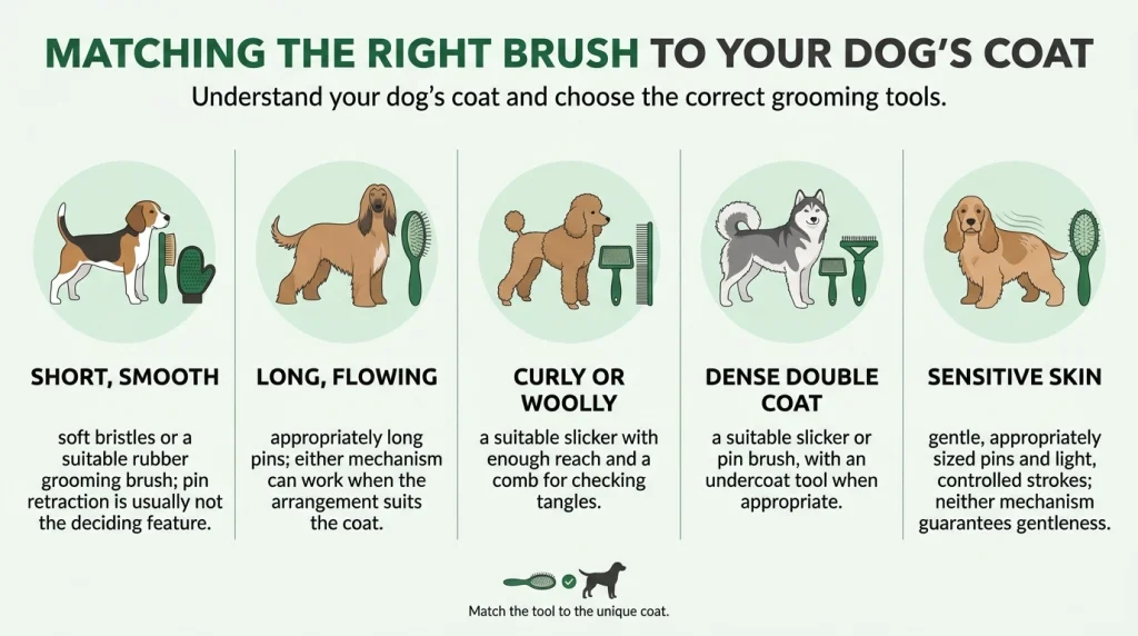 Dog brush selection infographic for smooth, long, curly, double, and sensitive-skin coats.