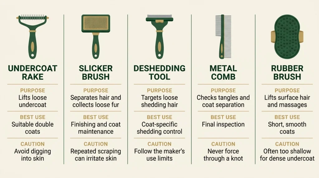 Comparison infographic of an undercoat rake, slicker brush, deshedding tool, metal comb, and rubber brush.