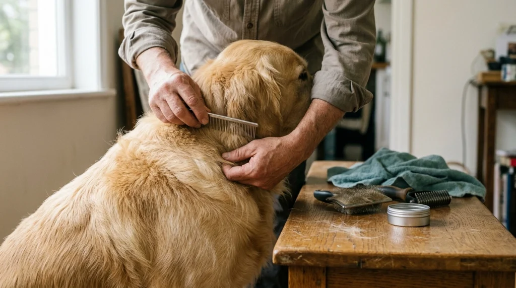 Owner checking a Golden Retriever's brushed coat with a comb after using a slicker and undercoat rake.