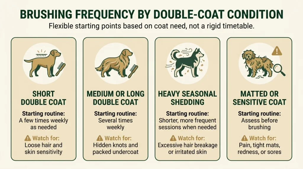 Four-category chart comparing brushing frequency for short, long, shedding, and matted double coats.