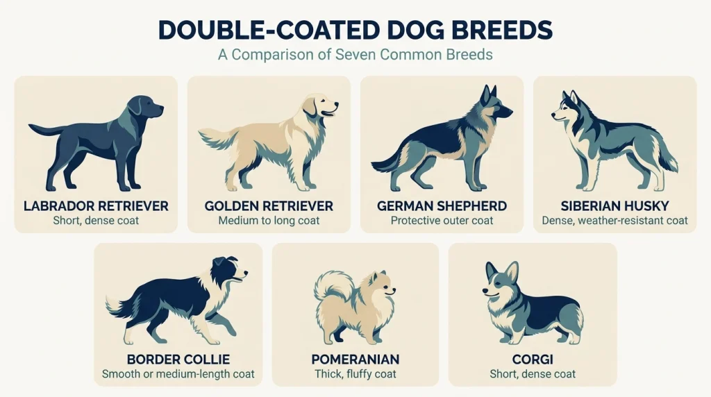 Seven double-coated dog breeds illustrated with different coat lengths and textures.