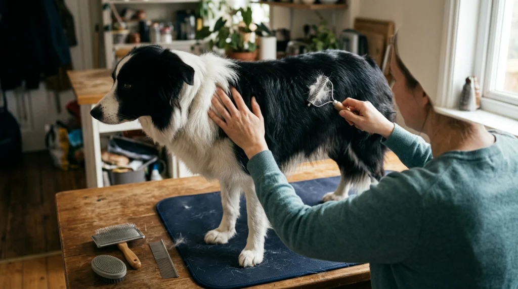 Owner gently brushing a Border Collie's double coat with an undercoat rake beside other grooming tools.