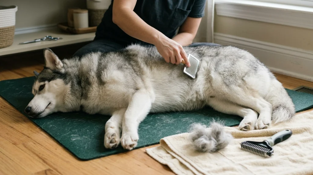 Siberian Husky receiving gentle slicker brushing with an undercoat rake nearby.