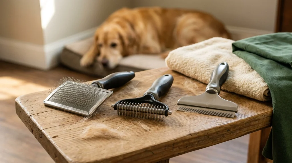 Slicker brush, undercoat rake, and deshedding tool arranged for grooming double coated dogs.