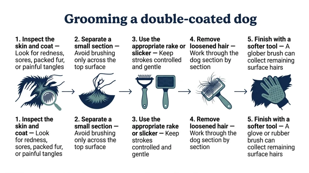 Five-step double-coated dog grooming routine using rake, slicker and soft finishing tool.