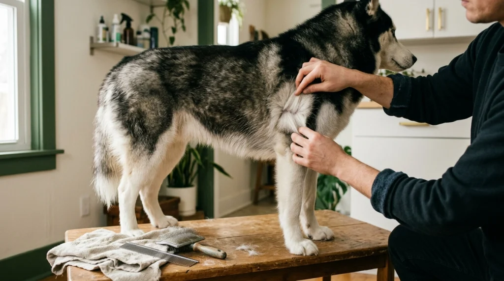 Siberian Husky showing the thick outer coat and soft undercoat of a double-coated dog.