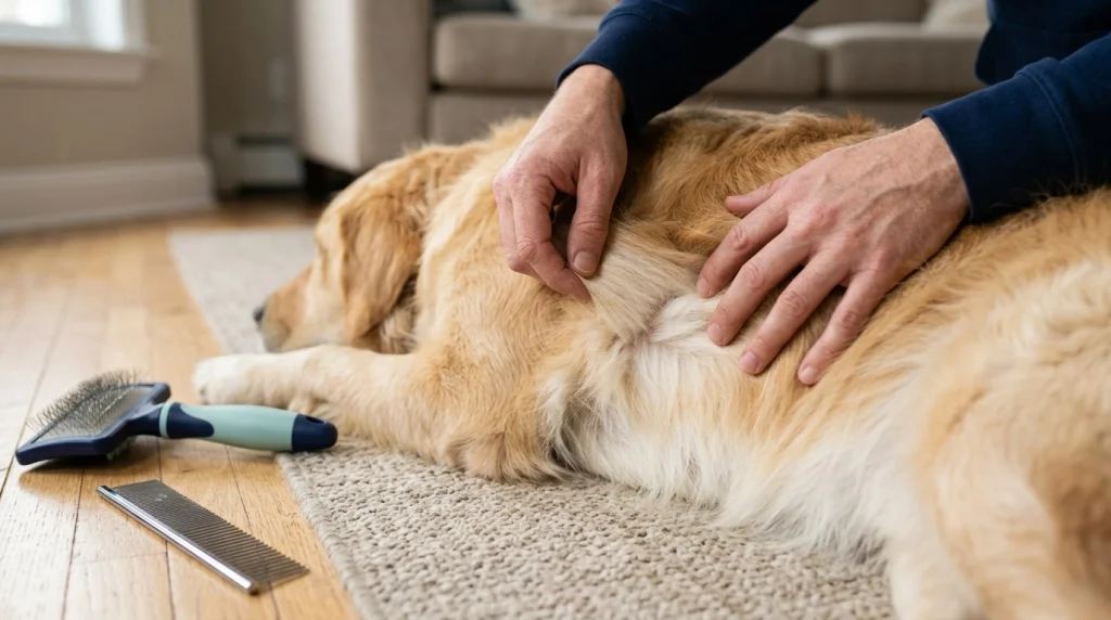 Golden Retriever's outer coat and dense undercoat visible during gentle grooming.