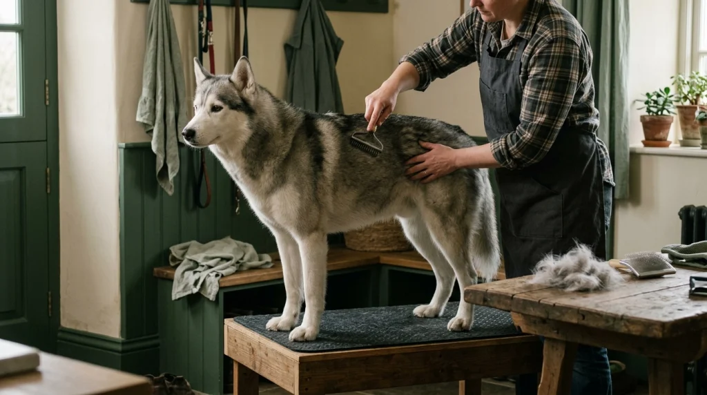 Siberian Husky receiving gentle brushing during the seasonal shedding period.