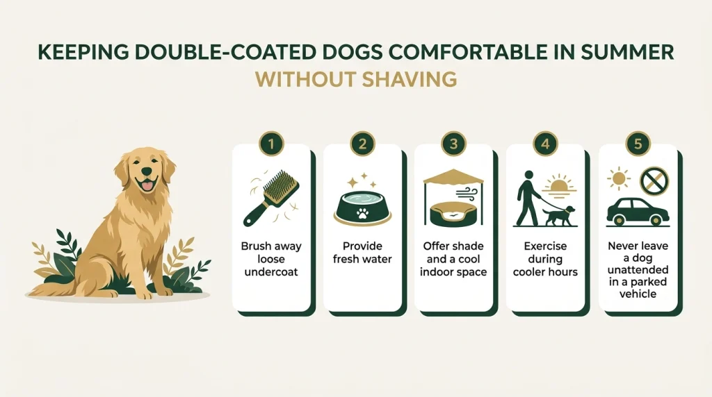 Summer-care checklist showing brushing, water, shade, cooler walks, and vehicle safety for dogs.