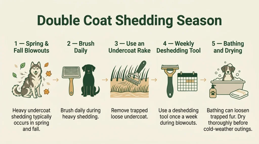 Seasonal double coat grooming infographic with daily brushing, undercoat rakes, weekly deshedding, and bathing.