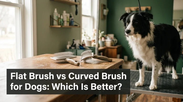 Flat and curved dog brushes displayed beside a relaxed black-and-white Border Collie.