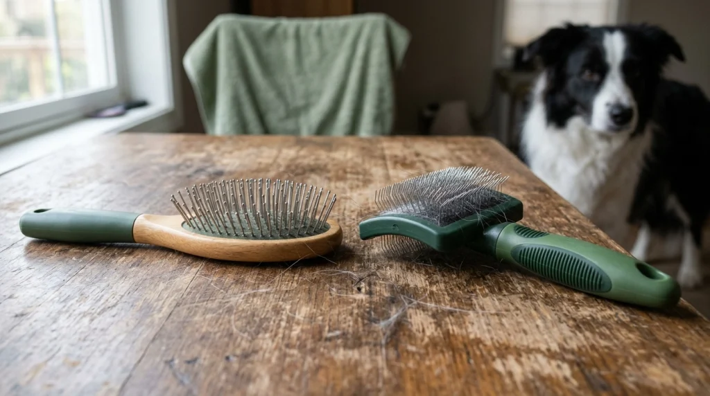 Flat and curved dog grooming brushes side by side, showing their different head shapes.