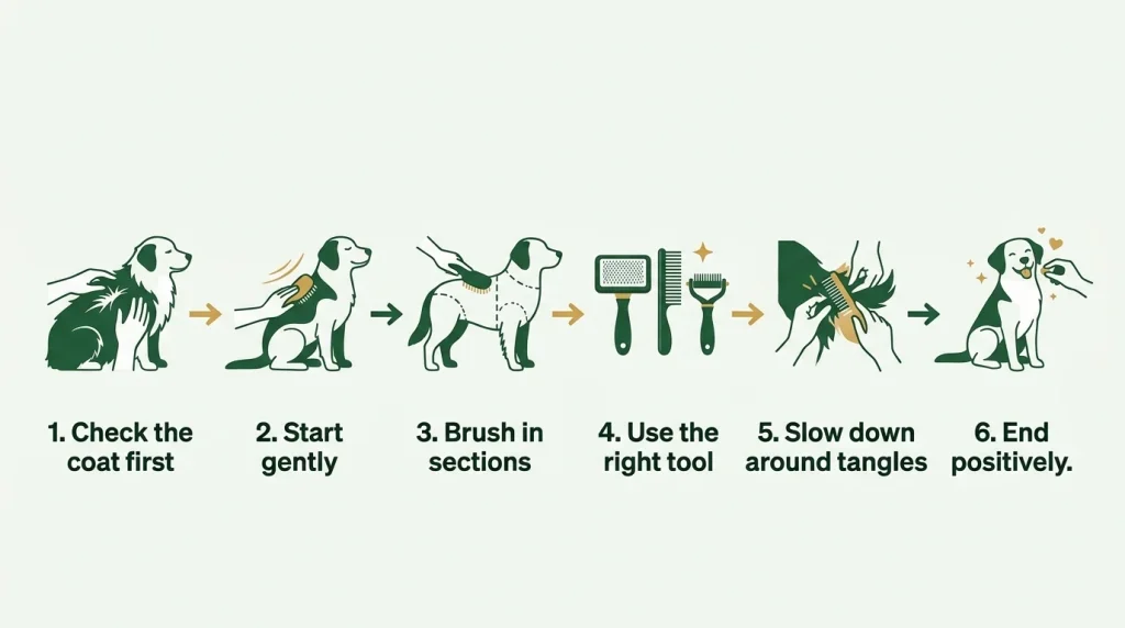 Six-step infographic showing how to brush a dog without hurting them