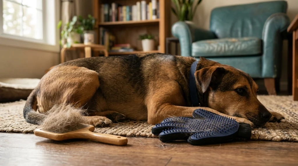 Dog beside grooming glove and brush demonstrating surface hair versus deeper coat grooming.
