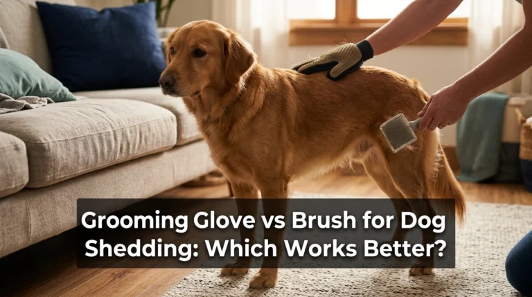 Dog with grooming glove and brush comparing tools for dog shedding.