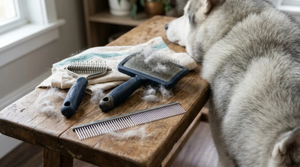 Undercoat rake, firm slicker brush and steel comb beside a double-coated dog