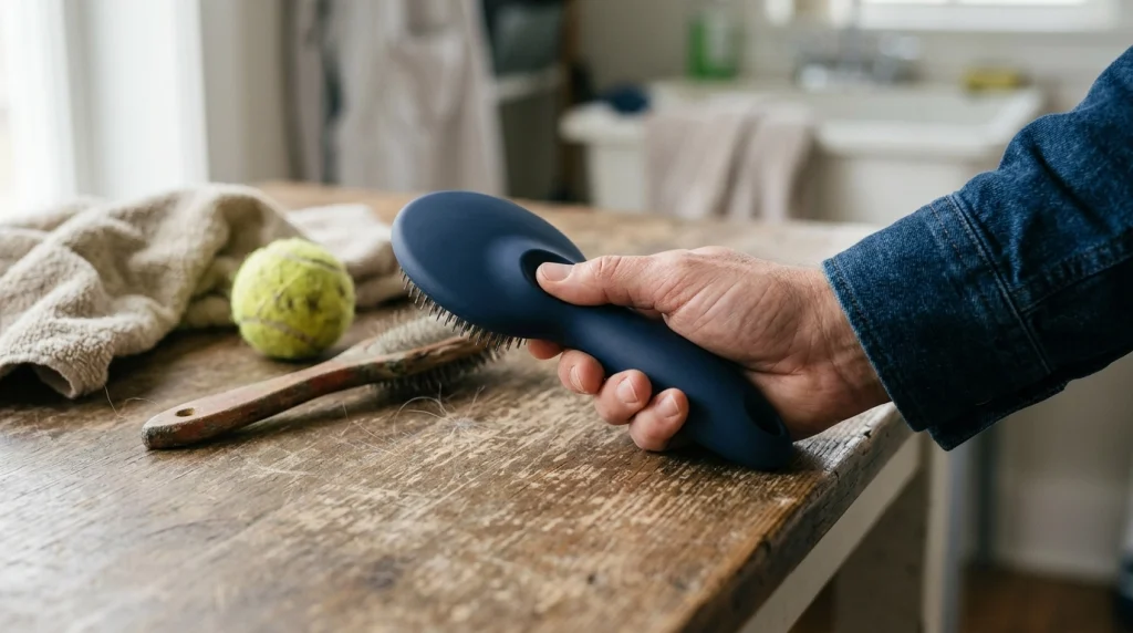 Close-up of a hand gripping a thick oval ergonomic dog brush next to a thin wooden brush on a table