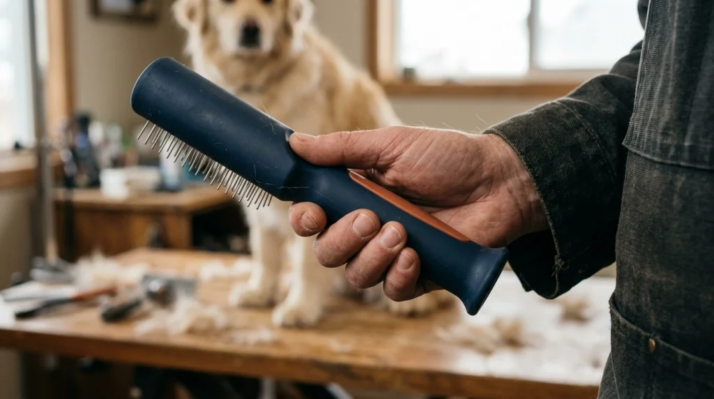 Close-up of a hand in a neutral handshake posture holding a contoured dog brush with a sculpted thumb rest.