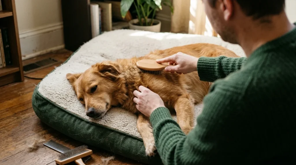 Owner gently brushing a dog with light pressure during a careful grooming session