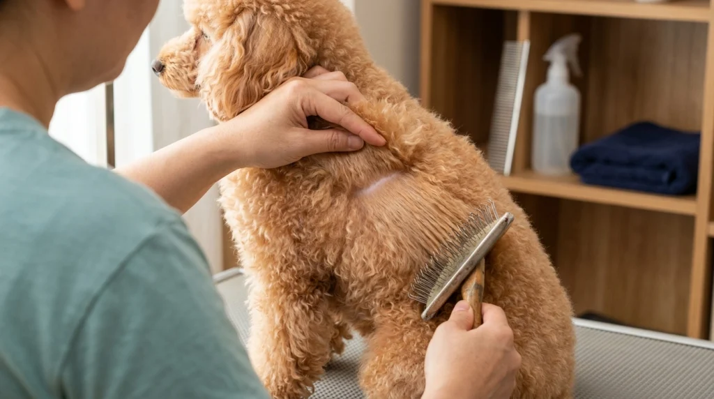 Close-up showing how to brush a Poodle coat using gentle line brushing and a slicker brush.