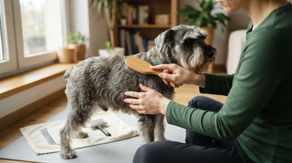 Owner demonstrating how to brush a wire coat with a pin brush on a calm Schnauzer.