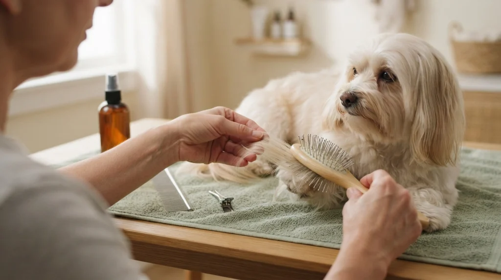 Owner gently brushing a small section of Havanese hair from the ends to prevent fine dog hair breakage.