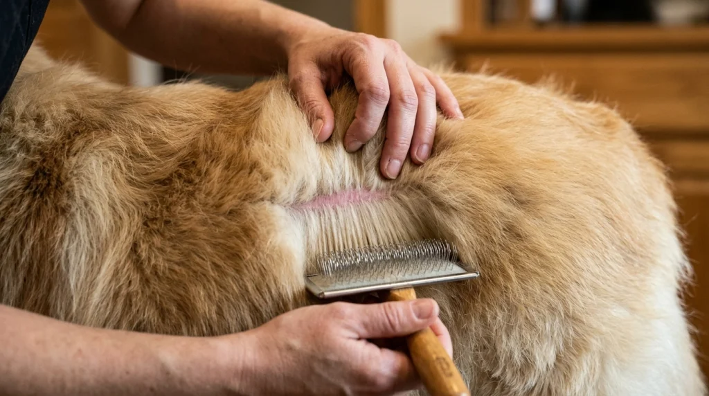 Person performing proper line brushing technique with a long-pin slicker brush.