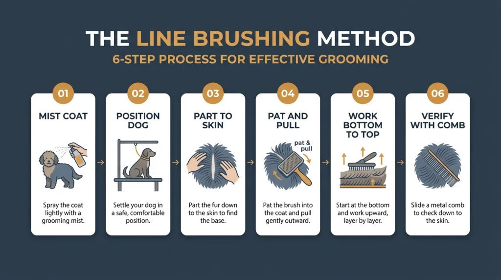 infographic flow chart detailing how to brush through a dense undercoat step by step.