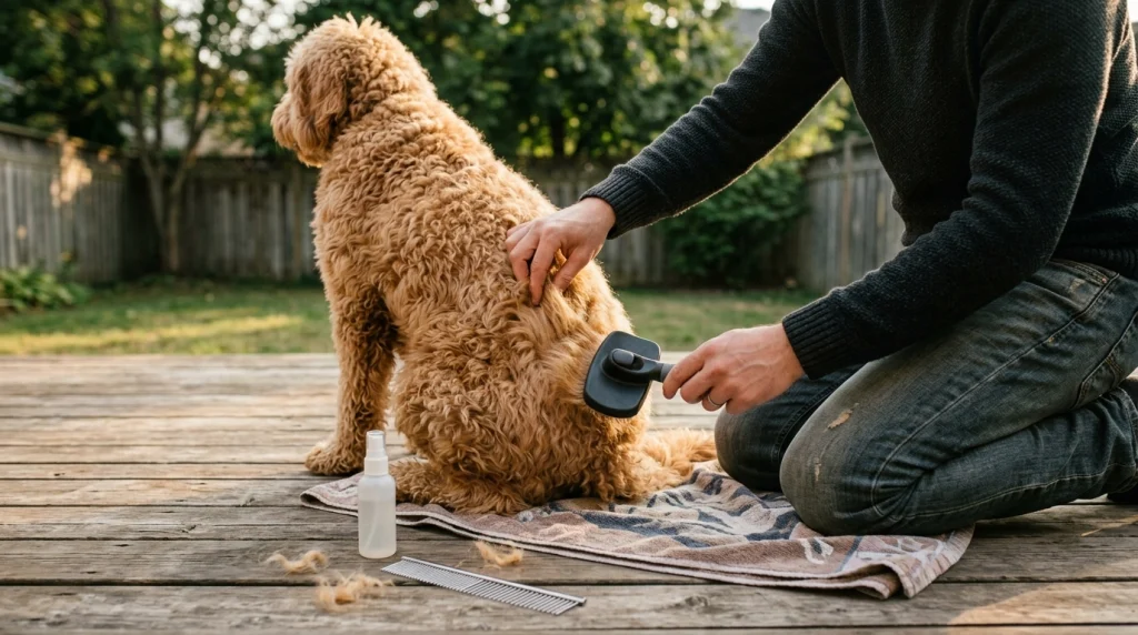Dog owner parting a Goldendoodle coat on a wooden deck with a slicker brush, spray bottle, and comb.