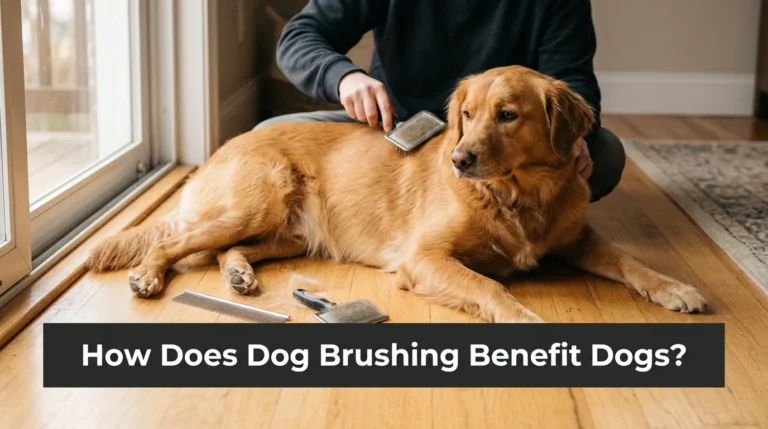 Owner gently brushing a relaxed dog to show how dog brushing benefits dogs