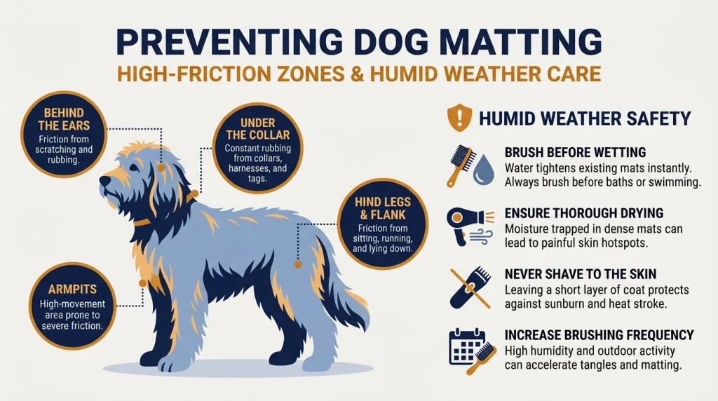 Infographic chart displaying dog coat friction zones and humidity risks.