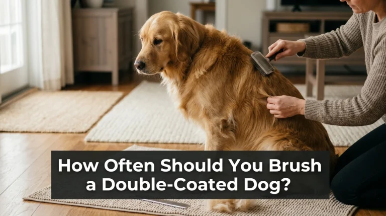 Golden Retriever being gently brushed to demonstrate how often to brush a double-coated dog.