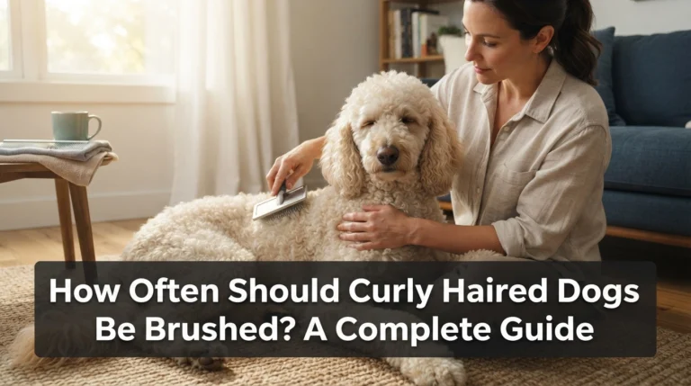Owner gently brushing a curly-haired Poodle at home to maintain a healthy, tangle-free coat.
