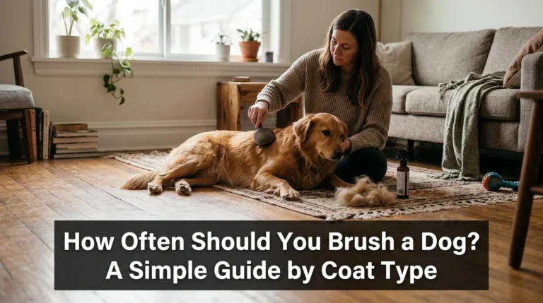 Dog owner brushing a dog to show how often should you brush a dog by coat type