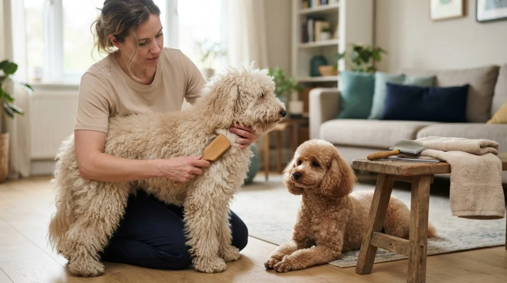Two curly-haired Poodles with long and short coats showing different brushing frequency needs.