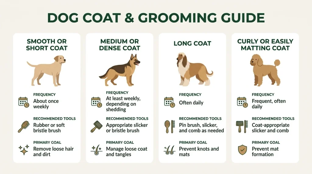Comparison chart showing puppy brushing frequency and brush types by coat