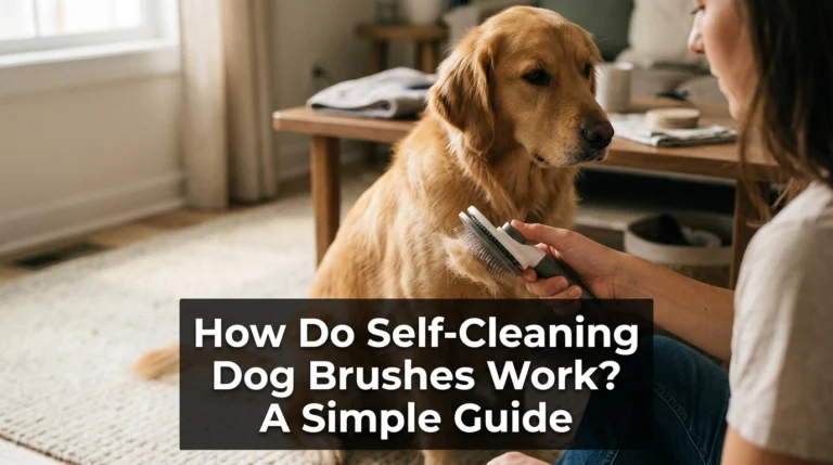 Self-cleaning dog brush releasing collected fur beside a golden retriever during home grooming.