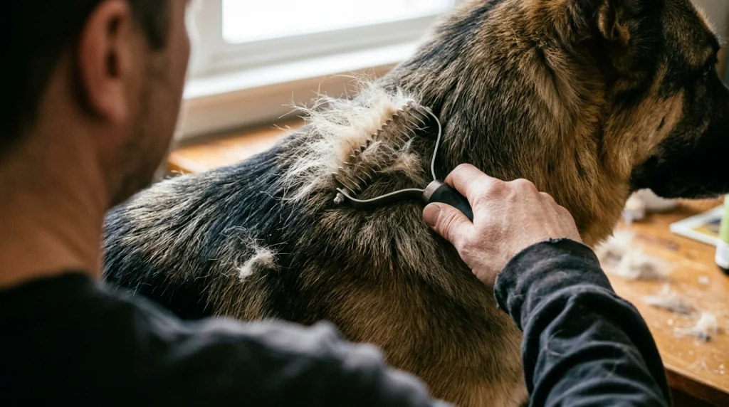 Close-up of a grooming tool being used to remove undercoat during weather changes.