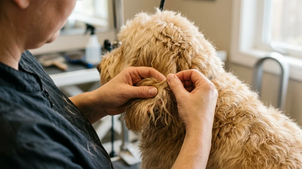 Groomer hands safely parting fur at the root to remove tangles.
